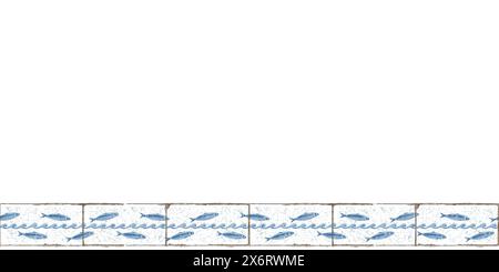 Ein Sardinenfisch schwimmt durch die Wellen, auf rechteckigen Keramikfliesen mit Rissen und Kratzern. Stilisierte Aquarellillustration als nahtloser Rand Stockfoto