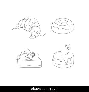 Bäckerei Desserts Kuchen, Croissant, Cupcake, Brötchen Symbole zeichnen in linearer Art auf weißem Hintergrund Stock Vektor