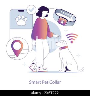 Haustierpflegehalskonzept. Besitzer und Hund mit intelligentem Halsband für Standortverfolgung und Gesundheitsüberwachung. PET-Technologie für Sicherheit und Konnektivität. Vektorabbildung. Stock Vektor