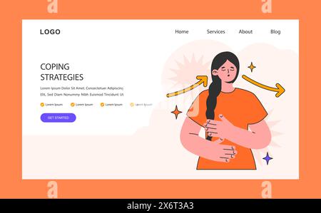 Frau, die Stress und Angst mit Hilfe von Bewältigungsstrategien bewältigt, Webbanner oder Landing-Page. Emotionale Belastbarkeit. Meditation, Atemübungen für geistiges Wohlbefinden. Illustration des flachen Vektors. Stock Vektor
