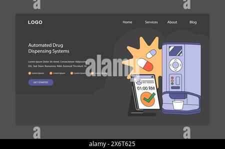 Konzept für automatisierte Arzneimittelabgabesysteme. Präzise Medikamentenverabreichung revolutionieren. Zeitnahe Patientenversorgung durch Technologie. Optimierte Apothekendienstleistungen. Illustration des flachen Vektors. Stock Vektor