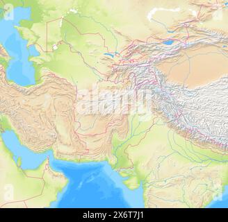 Karte von Afghanistan und den umliegenden Ländern, die die Region mit Reliefdarstellung, Flüssen, Seen und Verwaltungsgrenzen zeigt. Keine Labels. Stockfoto