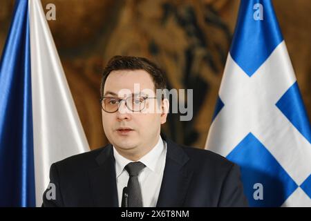 Prag, Tschechische Republik. Mai 2024. Außenminister der Tschechischen republik Jan Lipavsky bei einer gemeinsamen Pressekonferenz in Prag gesehen. Der griechische Außenminister Giorgos Gerapetritis besuchte die Tschechische Republik und traf in Prag mit dem tschechischen Außenminister Jan Lipavsky zusammen. (Foto: Tomas Tkacik/SOPA Images/SIPA USA) Credit: SIPA USA/Alamy Live News Stockfoto