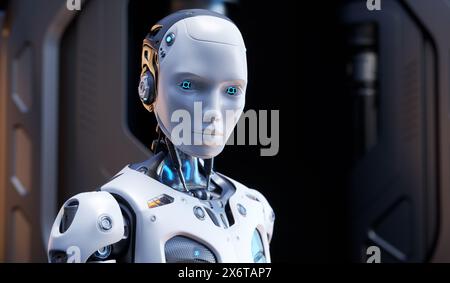 Porträt des Roboters, android-Gesicht, Künstliche Intelligenz Konzept Rendern 3D-Illustration Stockfoto