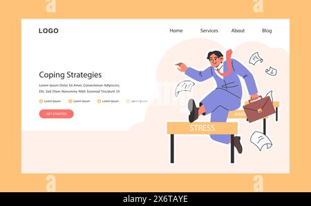 Geschäftsmann, der Stress und Angst mithilfe von Bewältigungsstrategien bewältigt, Webbanner oder Landing-Page. Mitarbeiter, die geschäftliche Herausforderungen meistern. Illustration des flachen Vektors. Stock Vektor