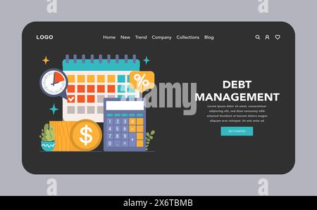 Debt Management Essentials Konzept. Kalender und Uhr stehen für rechtzeitige Zahlungen, Rechner und Zinssymbol für die Finanzplanung. Illustration des flachen Vektors Stock Vektor