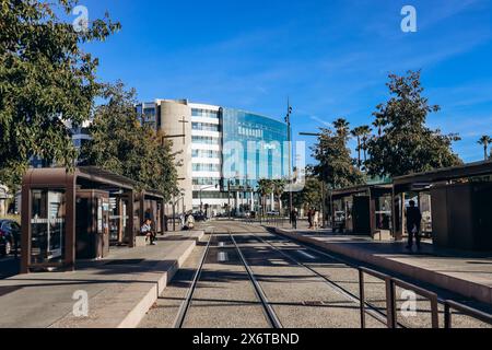 Nizza, Frankreich - 19. November 2023 : Straßenbahnschienen im Phoenix Park in Nizza Stockfoto