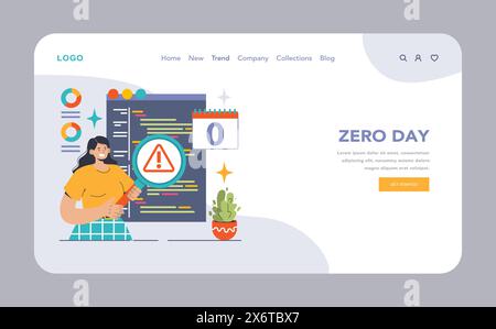 Zero-Day-Schwachstellen im Internet oder bei Landung. Frau analysiert Code, vergrößert potenzielle Bedrohung. Sofortige Dringlichkeit von Software-Patches. Illustration des flachen Vektors Stock Vektor