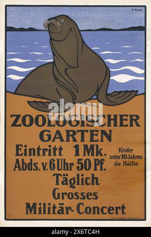 Vintage-Poster-Werbung für den Berliner Zoo, Zoologischer Garten kündigt ein großes Militärkonzert an. Mit einem Segel im Wasser, von Albert Knab um 1902 Stockfoto