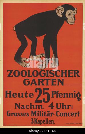 Vintage-Poster-Werbung für den Berliner Zoo, Zoologischer Garten kündigt ein großes Militärkonzert an. Mit einem jungen Schimpansen von Karl Schnebel um 1903 Stockfoto