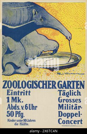 Vintage-Poster-Werbung für den Berliner Zoo, Zoologischer Garten kündigt ein großes Militärkonzert an. Mit einem Ameisenbär von Paul Neumann um 1910 Stockfoto