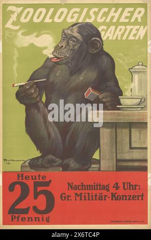 Vintage-Poster-Werbung für den Berliner Zoo, Zoologischer Garten kündigt ein großes Militärkonzert an. Mit einem Schimpansen, der an einem Tisch mit einer Tasse, einer Untertasse sitzt und eine Zigarette raucht. Von Paul Neumann um 1909 Stockfoto