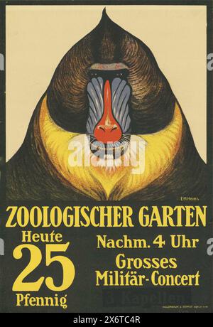 Vintage-Poster-Werbung für den Zoo Berlin, Zoologischer Garten, kündigt ein großes Militärkonzert an. Mit einem Mandrill von Ernst M. Heims, um 1905 Stockfoto