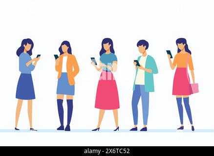 Eine Reihe von Abbildungen eines mobilen Benutzers. Charaktere mit Smartphones in der Hand. Männer, Frauen benutzen Handys. Abbildung des flachen Vektors auf weißer Rückseite isoliert Stock Vektor