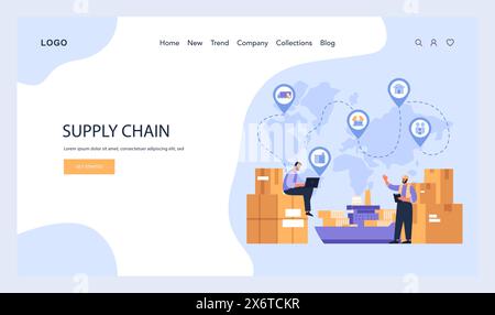 Supply Chain Dynamics Konzept. Globales Logistiknetz und Vertriebskanäle. Koordination von Fracht, Lagerung und Versand. Illustration des flachen Vektors Stock Vektor