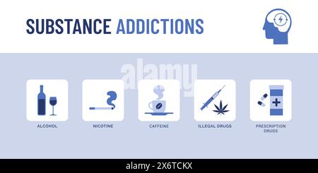 Substanzsüchtig-Infografik mit Ikonen: Psychische Störungen und psychologisches Konzept Stock Vektor