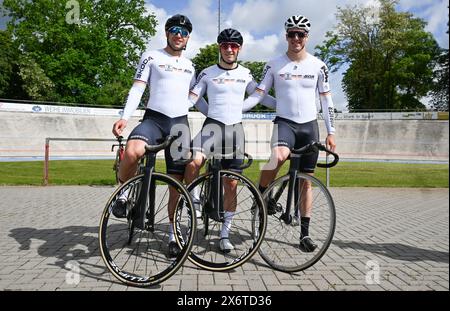 Dudenhofen, Deutschland. Mai 2024. Radsport/Strecke: BDR präsentiert seine Bahnradsprintern für die Olympischen Spiele. Maximilian Dörnbach (l-r), Luca Spiegel und Nik Schröter. Quelle: Bernd Weißbrod/dpa/Alamy Live News Stockfoto