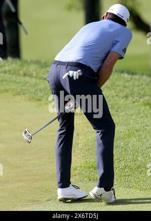 Louisville, Usa. Mai 2024. Keegan Bradley reagiert auf seinen Putt auf das Grün während der ersten Runde der PGA Championship 2024 auf dem Valhalla Golf Course am Donnerstag, den 16. Mai 2024 in Louisville, Kentucky. Foto von John Sommers II/UPI Credit: UPI/Alamy Live News Stockfoto