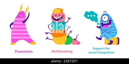 Monster Helper Set. Farbenfrohe Kreaturen, die Werbung, Multitasking und soziale Unterstützung zeigen. Freundliches und skurriles Charakterdesign für verschiedene Konzepte. Vektorabbildung. Stock Vektor