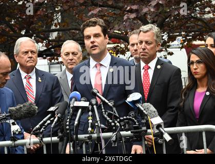 New York, Usa. Mai 2024. Matt Gaetz R-FL, spricht auf einer Pressekonferenz vor dem Strafgericht in Manhattan am Donnerstag, den 16. Mai 2024 in New York City. Das Schweigegeldverfahren gegen den ehemaligen Präsidenten Donald Trump wird fortgesetzt, während sein ehemaliger Anwalt Michael Cohen den dritten Tag im Amt hält. Foto: Louis Lanzano/UPI Credit: UPI/Alamy Live News Stockfoto