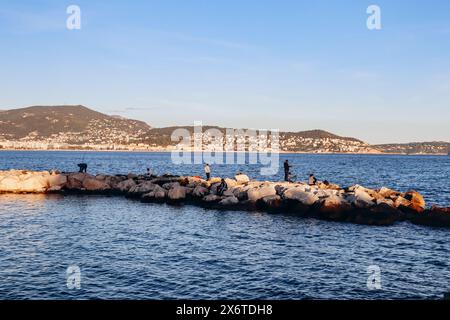 Nizza, Frankreich - 19. November 2023 : Blick auf die Promenade und das Meer in Nizza bei Sonnenuntergang Stockfoto