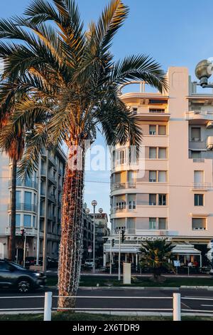 Nizza, Frankreich - 19. November 2023 : Gebäude und Palmen an der Promenade des Anglais in Nizza Stockfoto