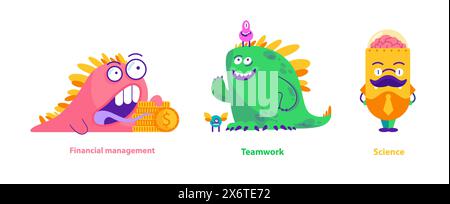 Monster Helfer Set. Skurrile Kreaturen, die Finanzmanagement, Teamwork und Wissenschaft repräsentieren. Kreatives Konzept für Lehrfächer, Vektorillustration. Stock Vektor