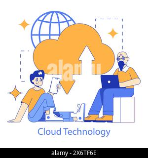 Hyperkonnektivitätskonzept. Einzelpersonen, die Cloud-Technologie für die gemeinsame Nutzung von Daten und globale Konnektivität nutzen. Nahtlose Interaktion und digitale Zusammenarbeit. Vektorabbildung. Stock Vektor