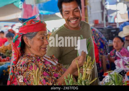 Tlacolula, Oaxaca, Mexiko. Tlacolula-Markt. Zapotec Indianerin, die sich ihr Foto ansieht. Stockfoto