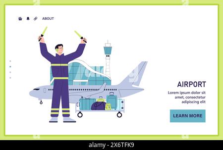 Personen im Internet oder bei der Landung am Flughafen. Flughafenpersonal. Ein Flughafen-Marshaller, der ein Flugzeug auf dem Rollfeld ansteuert, mit Gepäck zum Verladen bereit. Flughafenpersonal. Illustration des flachen Vektors Stock Vektor