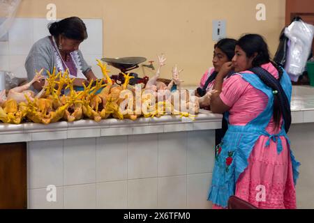 Tlacolula; Oaxaca; Mexiko. Tlacolula Fleischmarkt, bestehend aus zahlreichen kleinen Einzelständen. Dieser hier verkauft Hühner. Stockfoto