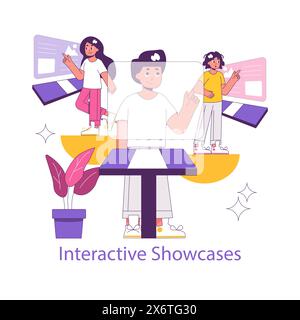 Phygital-Konzept. Digitale und physische Welten durch interaktive Showcases verschmelzen. Benutzer, die sich mit immersiver Technologie in einem hybriden Raum beschäftigen. Vektorabbildung. Stock Vektor