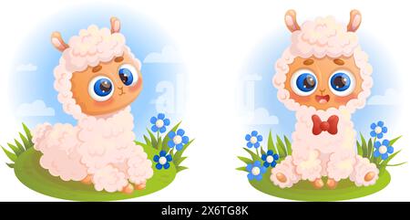 Süßes kleines Lama Alpaka. Fröhliche Zeichentricktiere mit blauen Blumen und Himmel. Illustrationen für isolierte Vektoren Stock Vektor