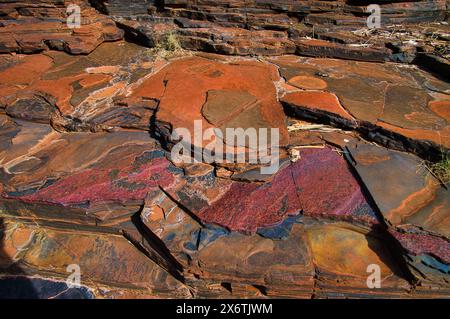 Erstaunliche Farben und Strukturen auf dünnen Schichten gebänderter Eisensteinformationen im Karijini-Nationalpark in der Hamersley Range, Western Australia Stockfoto