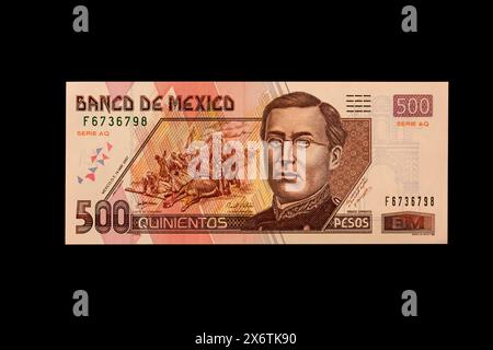 Mexiko, Nordamerika. Fünf hundert Pesos Banknote, mit Ignacio Zaragoza, mexikanischen General, der die Franzosen in der Schlacht von Puebla, Cinco besiegt Stockfoto