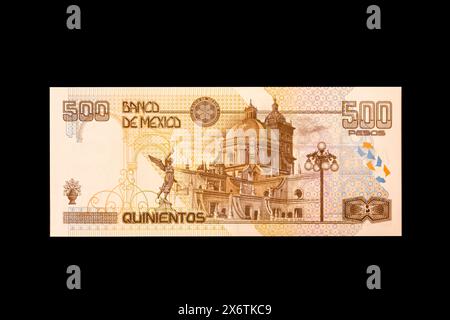 Mexiko, Nordamerika. 500 Pesos Banknote, Rückseite. Kirche von Puebla. Stockfoto