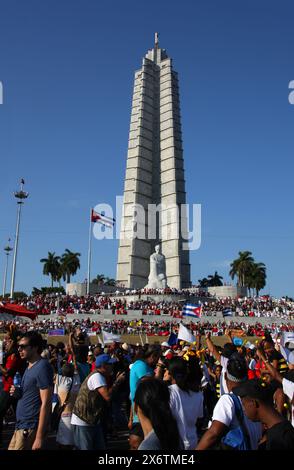 José-Martí-Denkmal und -Statue, Platz der Revolution, Havanna, Kuba, Karibik. Feierlichkeiten zum Tag der Arbeit oder zum 1. Mai 2016. Stockfoto