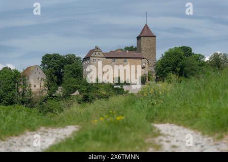 Blick auf Schloss Hornberg, Kirchberg an der Jagst, Jagsttal, Jagststeig, Wandern, Schwäbische Halle, Hohenlohe, Heilbronn-Franken, Baden-Württemberg Stockfoto