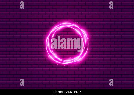 Leuchtkreis Neon-Halo an Ziegelwand, hell leuchtender rosa Ring-Lichteffekt. Bannervorlage für Vektorabbildungen Stock Vektor