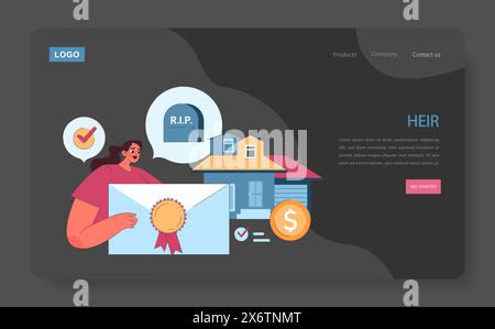 Heir Dark oder Night Mode Web, Landung. Eine Frau wird mit einem Zertifikat dargestellt, das die rechtliche Anerkennung als Erbe symbolisiert, sowie mit Bildern eines Hauses und einer Münze, die vererbte Vermögenswerte darstellen. Stock Vektor