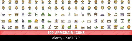 100 Symbole für Sessel. Farblinie Satz von Sessel Vektor-Icons dünne Linie Farbe flach auf weiß Stock Vektor