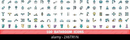 100 Badsymbole. Farblinie Satz von Badezimmervektorsymbolen dünne Linie Farbe flach auf weiß Stock Vektor