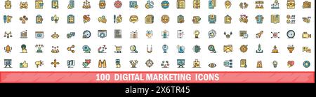 100 Symbole für digitales Marketing. Farblinie Satz von Symbolen für digitale Marketingvektoren dünne Linie Farbe flach auf weiß Stock Vektor