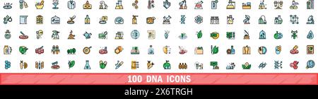 100 dna-Symbole eingestellt. Farblinienset von dna-Vektorsymbolen dünne Linie Farbe flach auf weiß Stock Vektor
