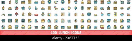 100 Symbole zum Mittagessen eingestellt. Farblinie Satz von Mittagsvektorsymbolen dünne Linie Farbe flach auf weiß Stock Vektor