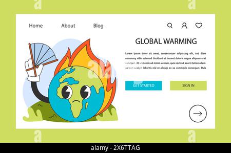 Web-Banner oder Landing-Page zum Klimawandel. Anstieg der Planetentemperatur und Anstieg des Meeresspiegels aufgrund von CO2-Emissionen. Naturschutzmaßnahmen. Nachhaltigkeitsziel. Illustration des flachen Vektors Stock Vektor