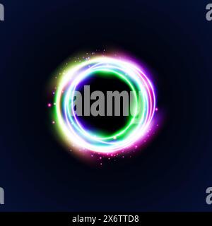 Leuchtkreis Neon-Halo an Ziegelwand, hell leuchtender rosa Ring-Lichteffekt. Bannervorlage für Vektorabbildungen Stock Vektor