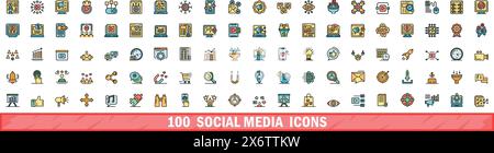 100 Symbole für soziale Medien eingestellt. Farblinie Satz von Social-Media-Vektorsymbolen dünne Linie Farbe flach auf weiß Stock Vektor