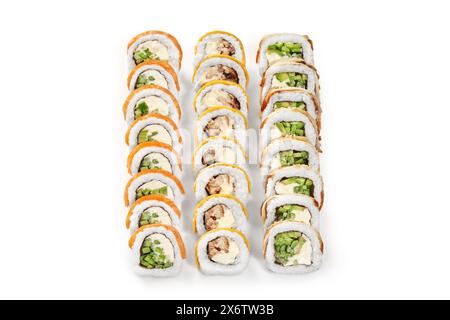 Set mit Uamaki-Brötchen mit Lachs, Aal und Käse Stockfoto
