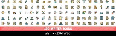100 Schreibsymbole eingestellt. Farblinie Satz von Schreibvektorsymbolen dünne Linie Farbe flach auf weiß Stock Vektor
